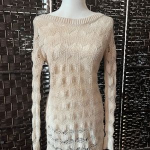 Knitted Y2k Cream Wide Neck Coquette Cottage Long Sleeve Mini Sweater Dress